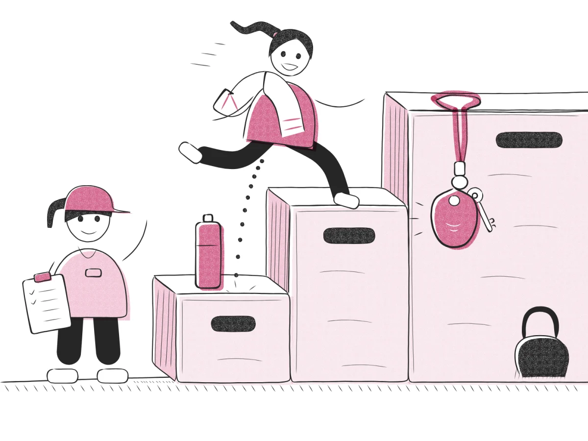 A pen drawing of plyo boxes rising like stairs, Lisa jumping up them with a towel on her shoulder, a coach with a clipboard waving and a key fob on the top box
