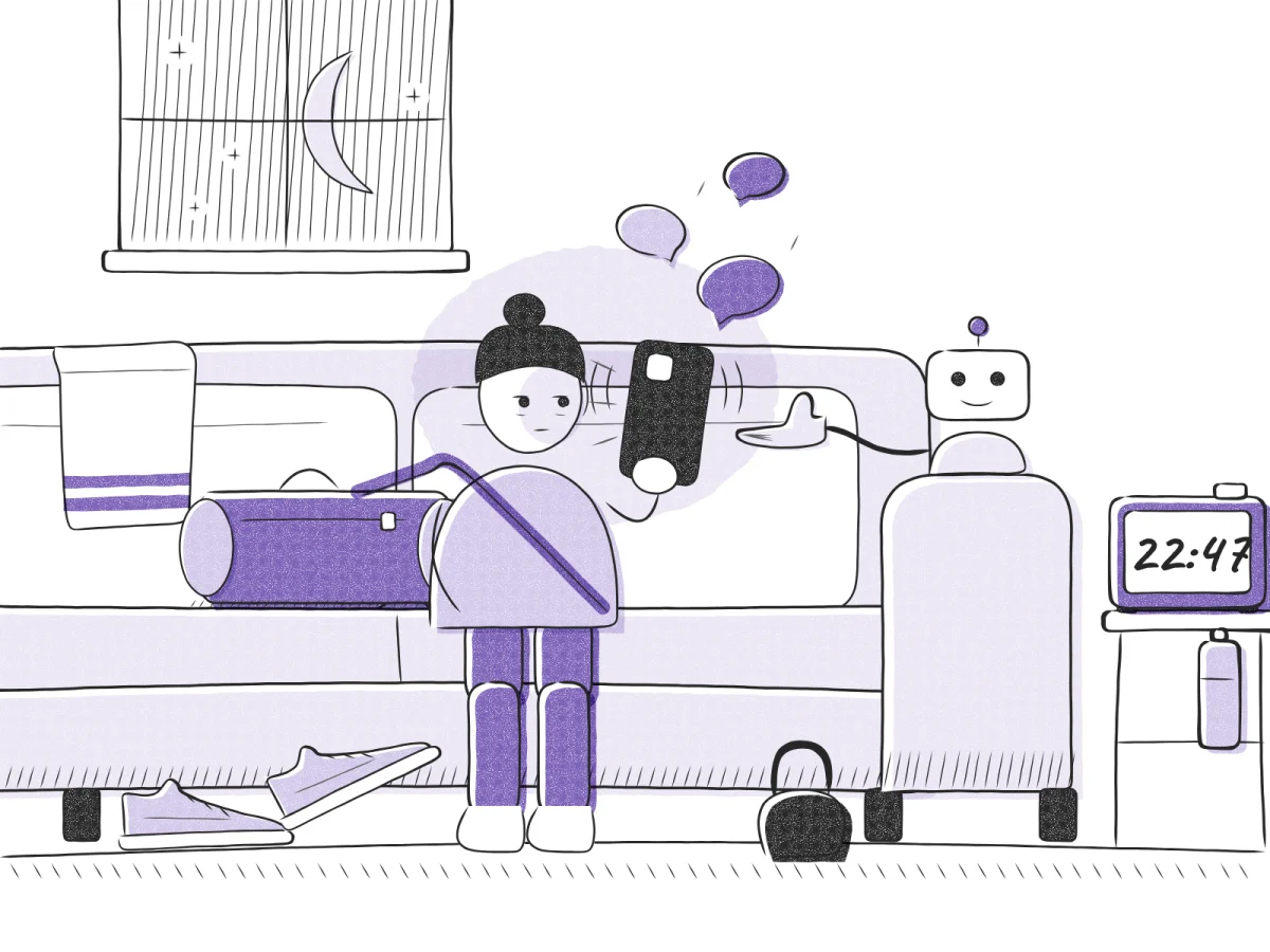 A pen drawing of a gym owner on her sofa at 22:47, lit by her phone, gym bag still on her shoulder, a robot on the armrest holding out a hand for the phone