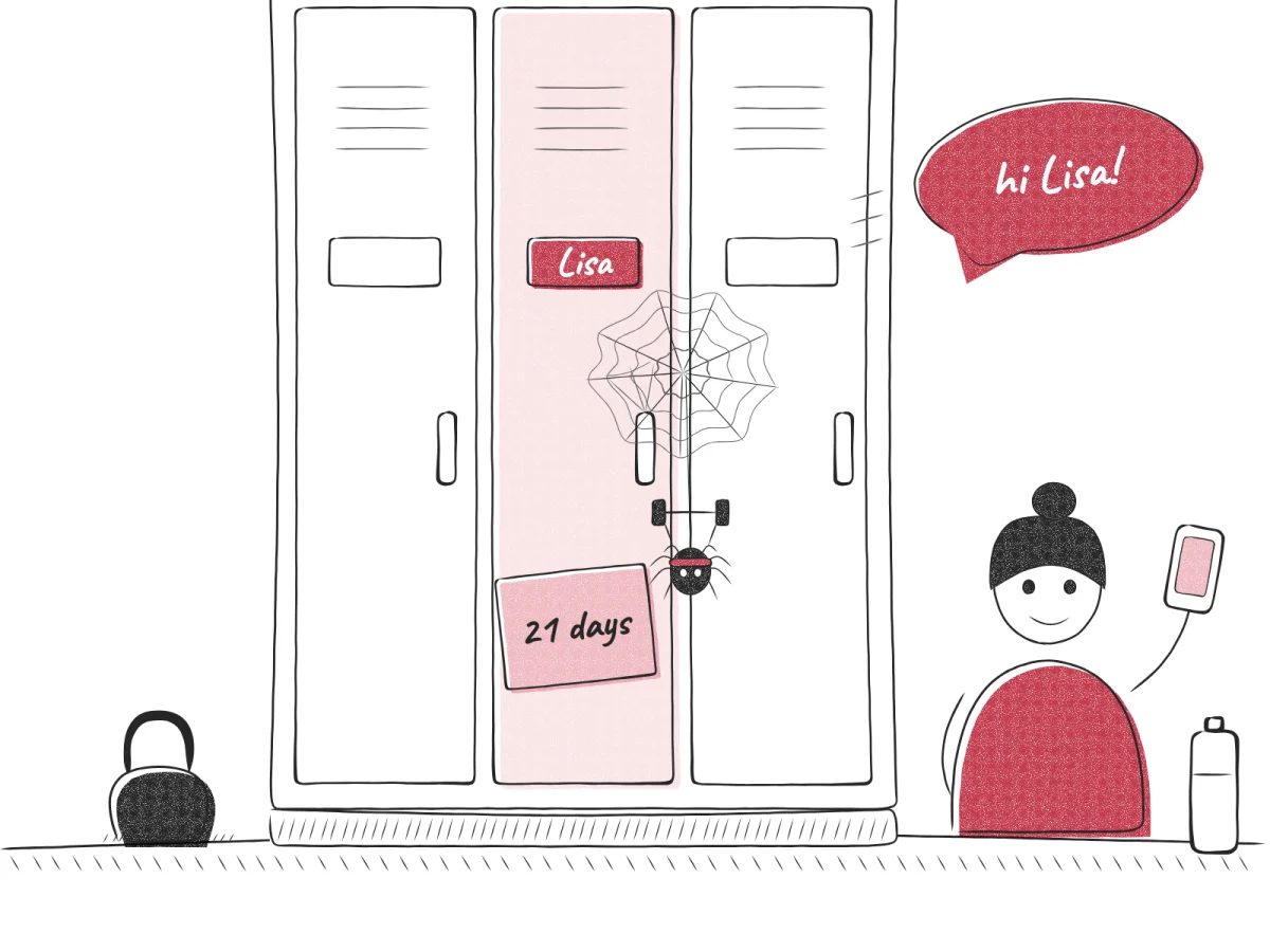 Lisa's gym locker has a cobweb and a note saying 21 days, a spider lifts a tiny dumbbell, and a coach sends her a "hi Lisa!" message.