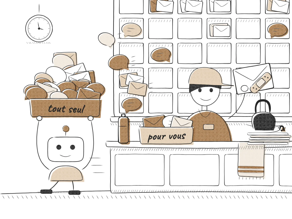 Dessin à la plume d’un bureau de tri : les messages filent au bac « tout seul » qu’emporte un robot ; un coach garde le bac « pour vous », pansement en main