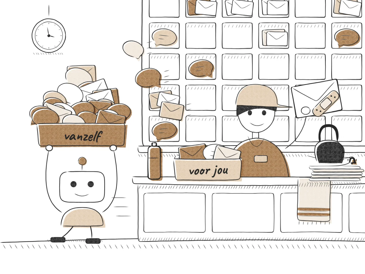 Pentekening van een sorteertafel: berichten vliegen in de bak vanzelf die een robot wegdraagt; een coach houdt de bak voor jou en toont er een met een pleister