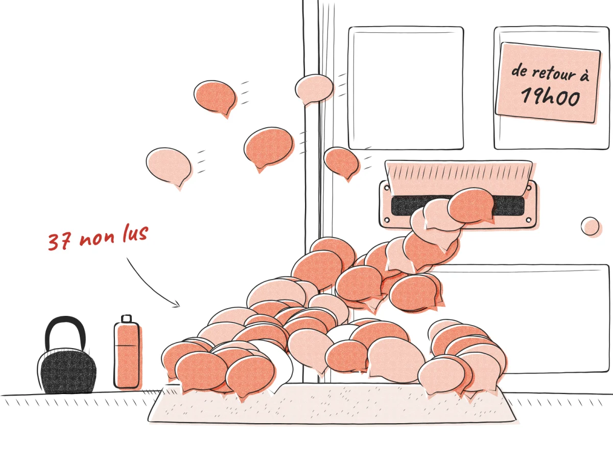 Dessin d'une porte fermée : des dizaines de bulles de discussion ont passé la fente à courrier jusqu'au paillasson, et un mot sur la porte dit de retour à 19 h