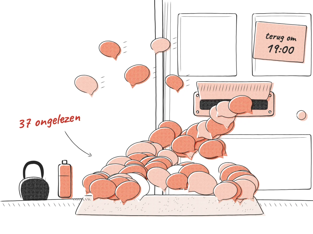 Tekening van een gesloten voordeur: tientallen chatballonnen zijn door de brievenbus op de deurmat gevallen, en een briefje op de deur zegt om 19:00 terug