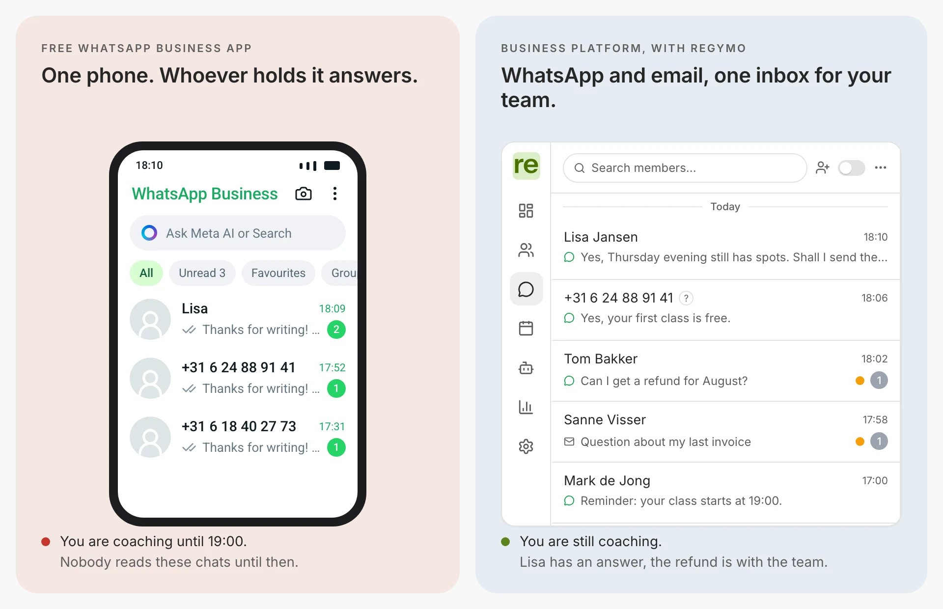 The free app on one phone next to a team inbox on the Business Platform