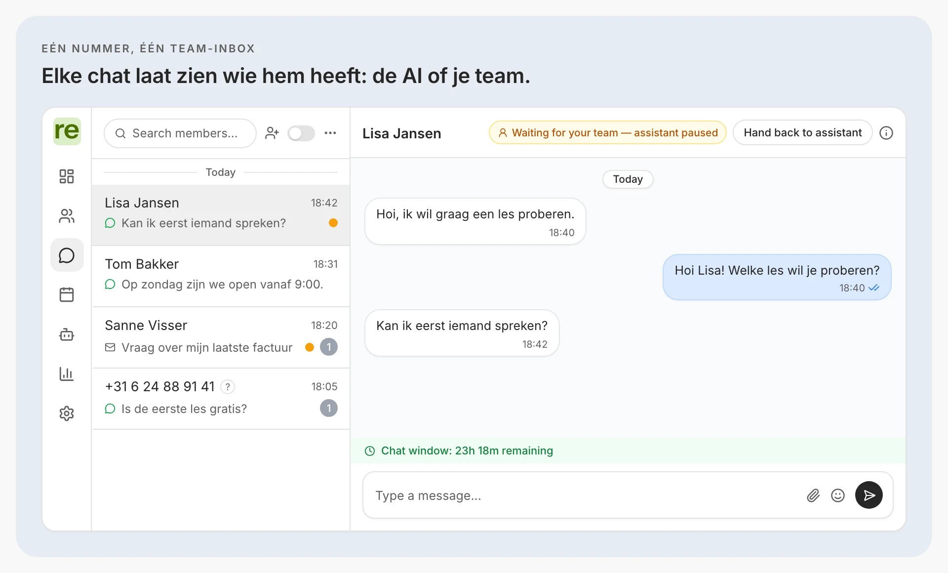 De inbox van Regymo op het WhatsApp-nummer van je sportschool: chats die op het team wachten hebben een amberkleurige stip. Lisa vroeg naar een mens, dus haar open chat laat zien dat hij op je team wacht en de assistent gepauzeerd is, met een knop om hem terug te geven aan de assistent en het chatvenster nog open