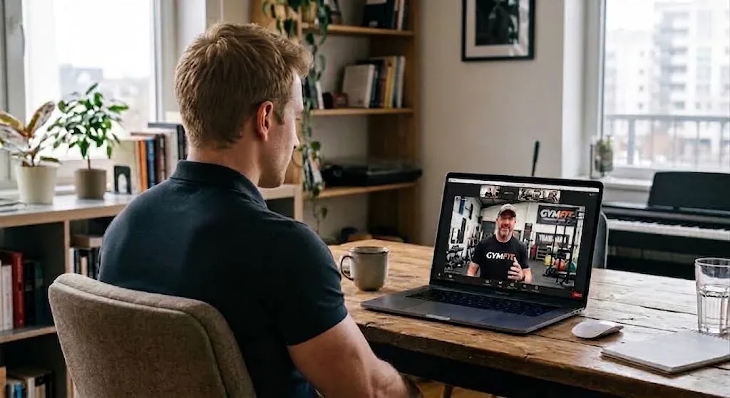 Een gymeigenaar in een videogesprek met Regymo, met in een wolkje boven de laptop wat eigenaren op een eerste gesprek vragen