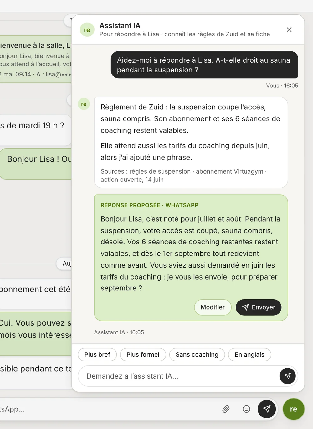La boîte de réception avec l’assistant IA ouvert : quelqu’un de l’équipe demande comment répondre à Lisa au sujet du sauna pendant une suspension d’abonnement, et l’assistant répond à partir du règlement intérieur et de sa fiche, avec une proposition de réponse WhatsApp