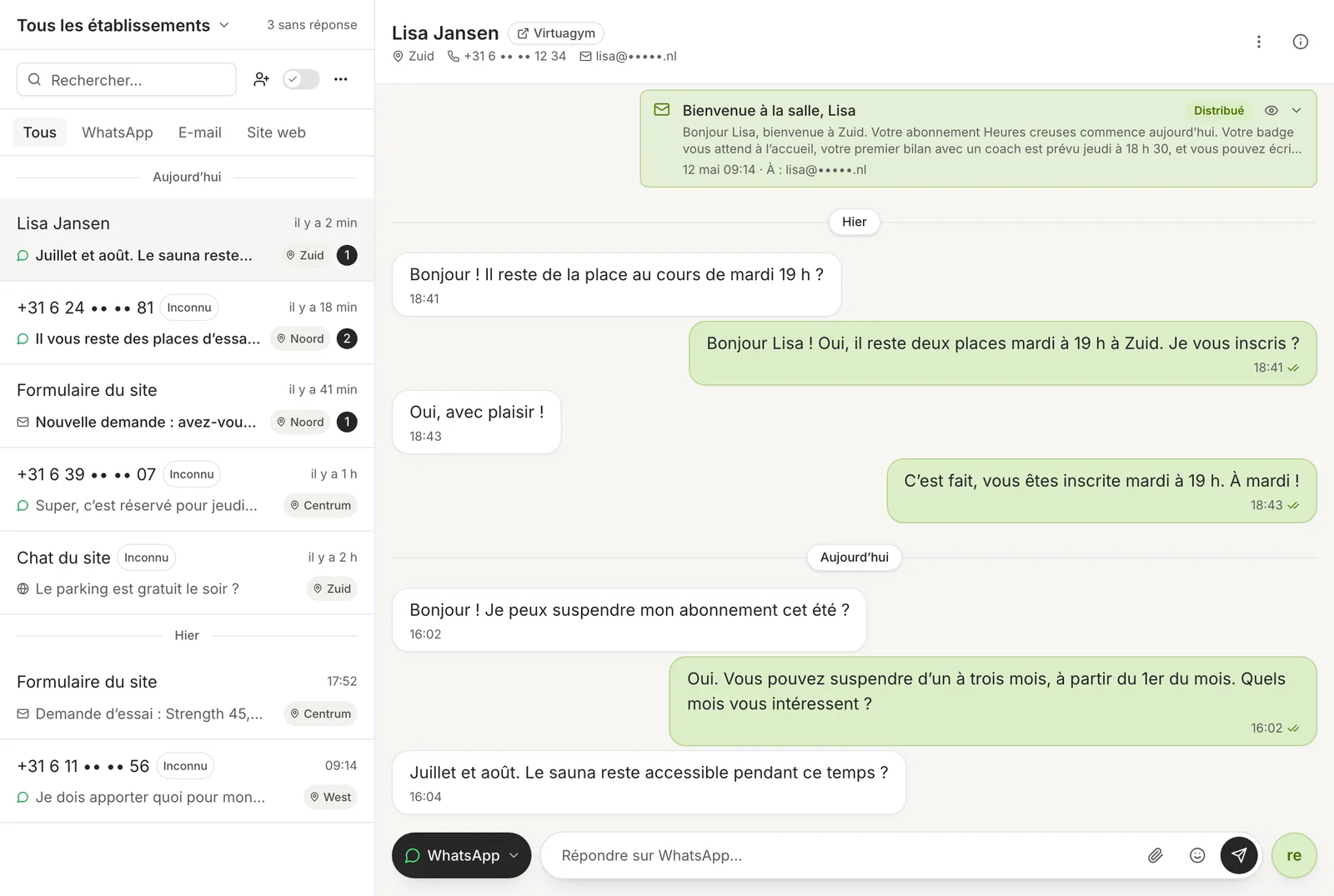 La boîte de réception : à gauche, les conversations de tous les établissements, chacune avec son établissement et son canal ; au milieu, la conversation ouverte avec Lisa ; à droite, sa fiche membre